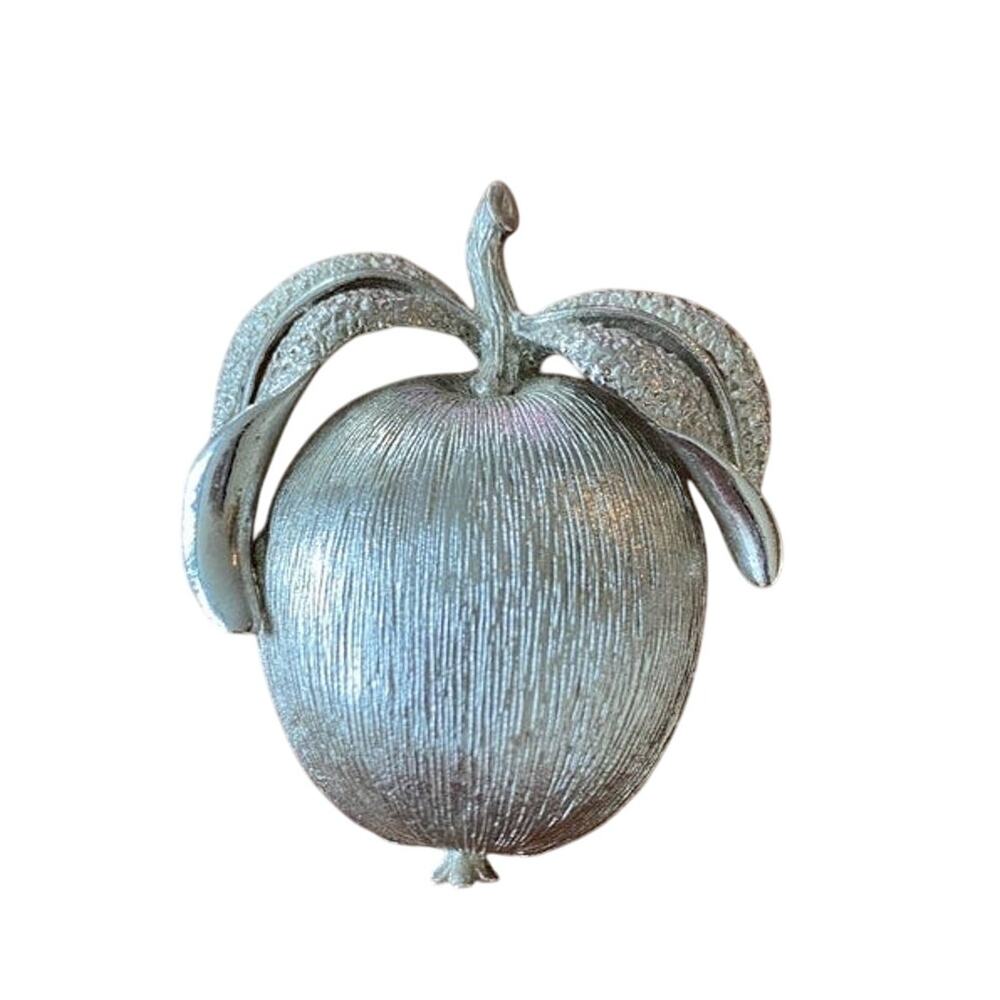 Sarah Coventry Silver Apple Brooch Pin Textured 1970s Pendant Mod Jewelry
